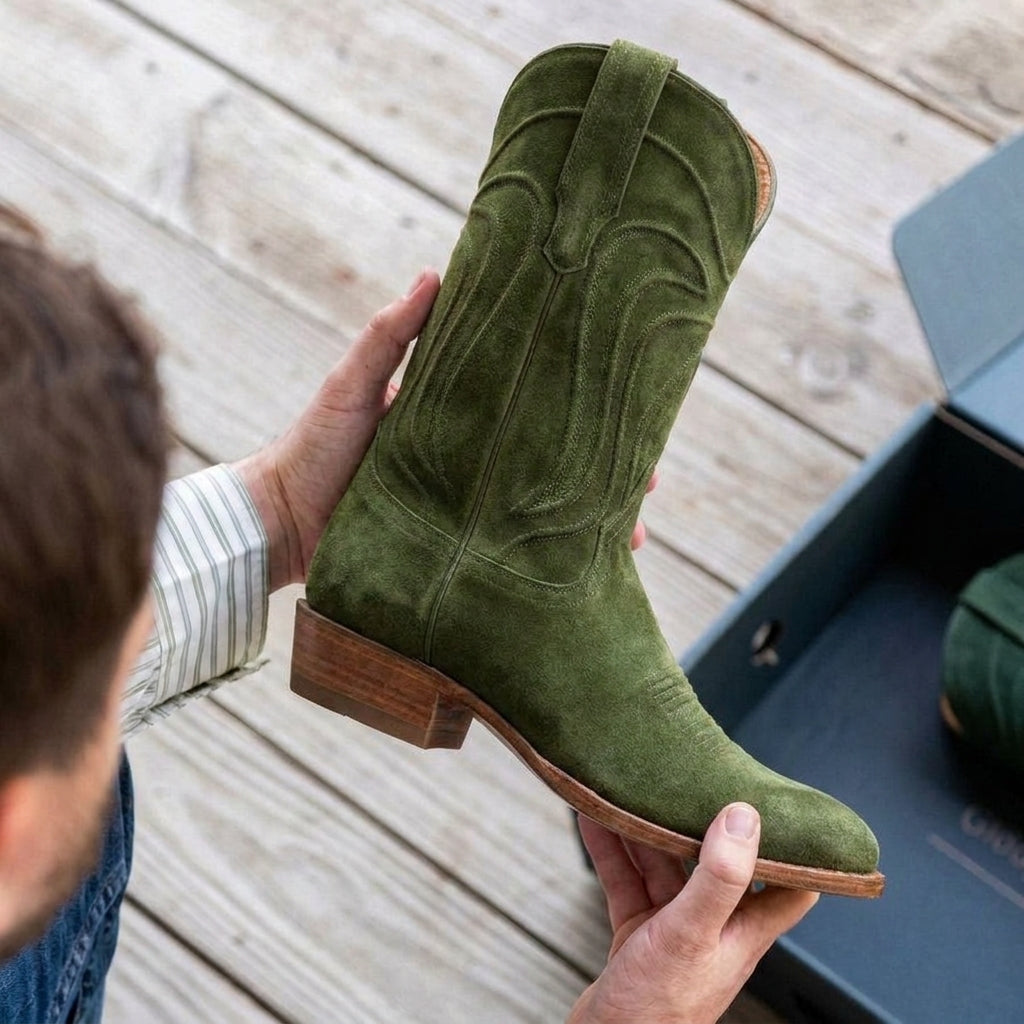 Green Suede Leather Renovaux Slip On Zipper Western Cowboy Boots - AW24