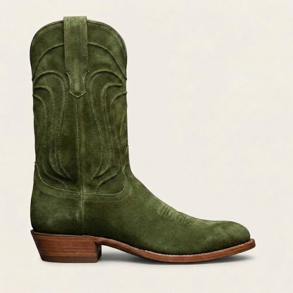 Green Suede Leather Renovaux Slip On Zipper Western Cowboy Boots - AW24