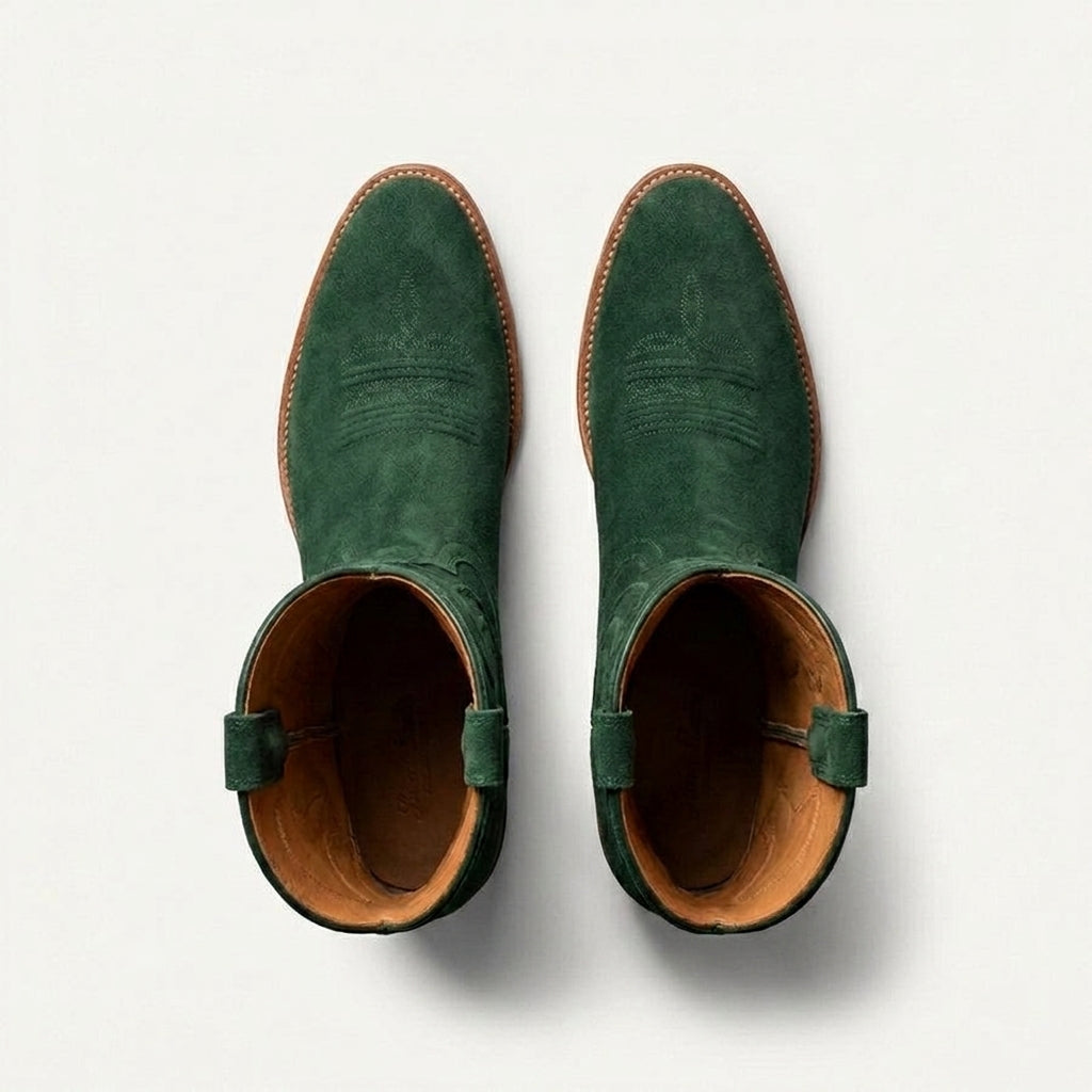Green Suede Leather Renovaux Slip On Zipper Western Cowboy Boots - AW24