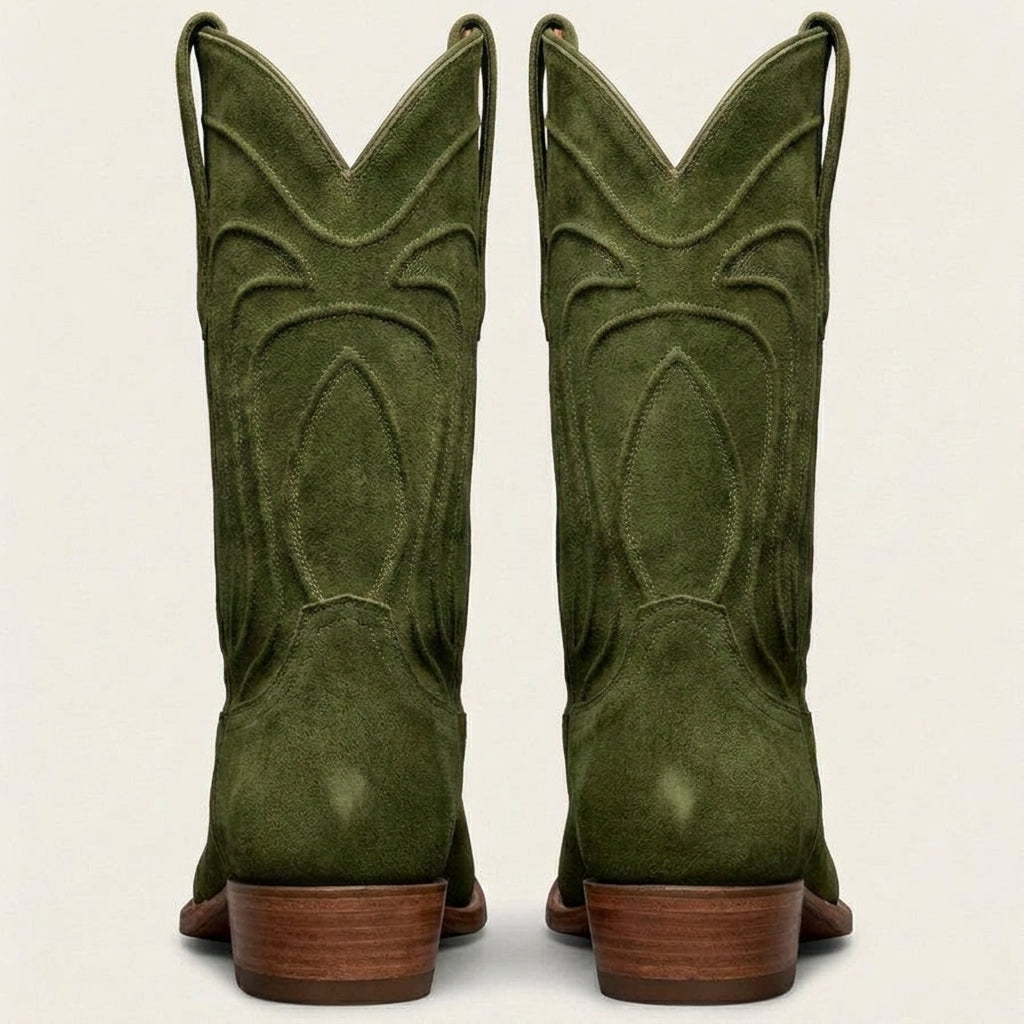 Green Suede Leather Renovaux Slip On Zipper Western Cowboy Boots - AW24