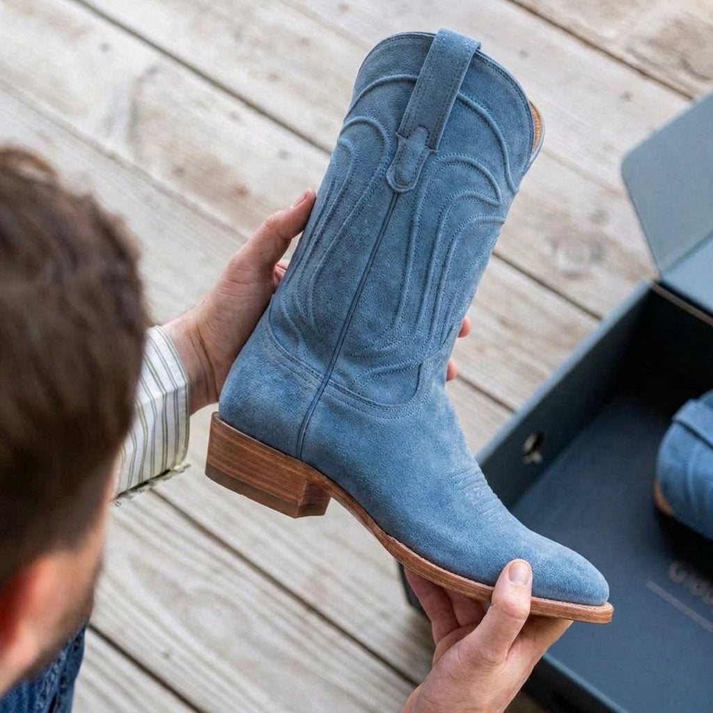 Blue Suede Leather Renovaux Slip On Zipper Western Cowboy Boots - AW24