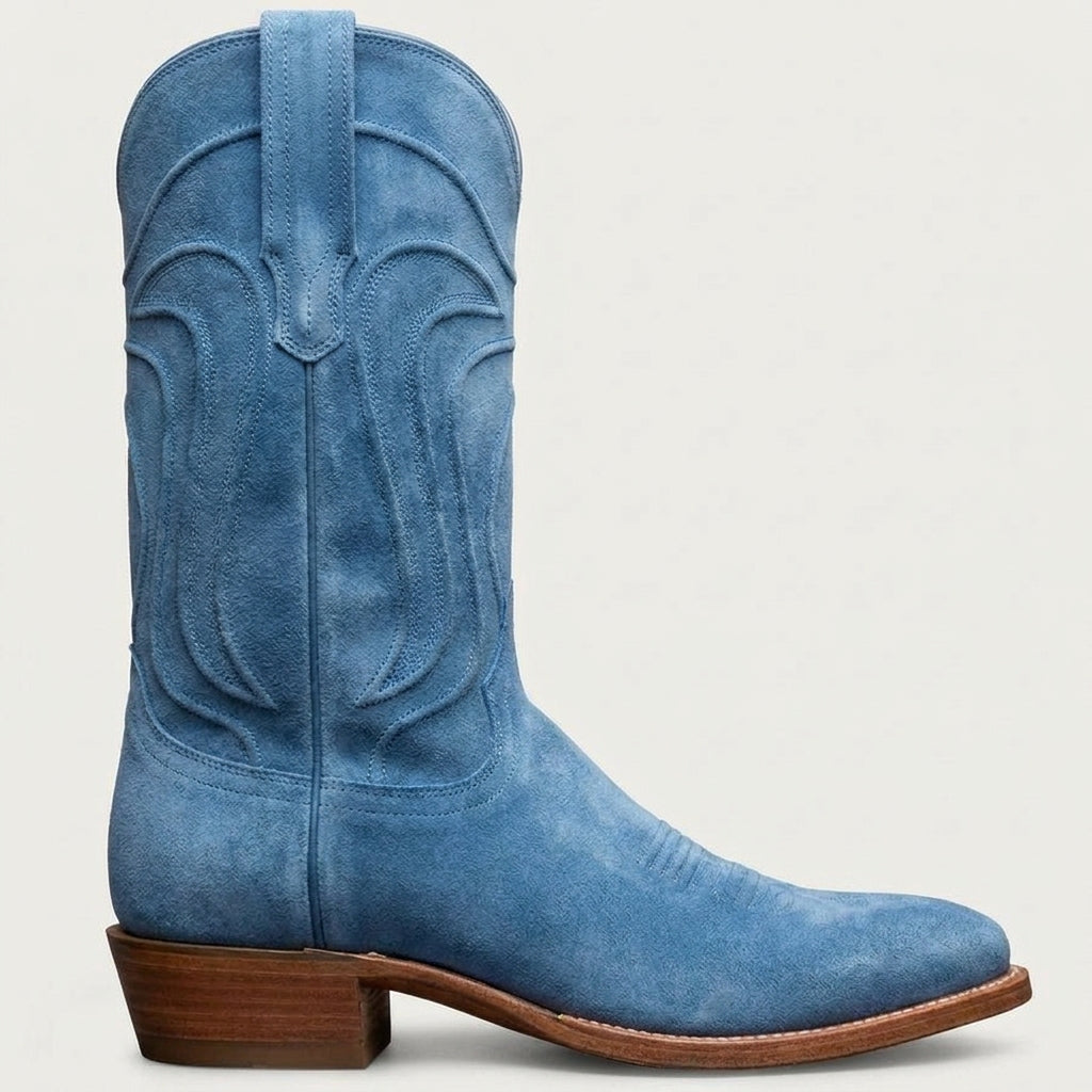 Blue Suede Leather Renovaux Slip On Zipper Western Cowboy Boots - AW24