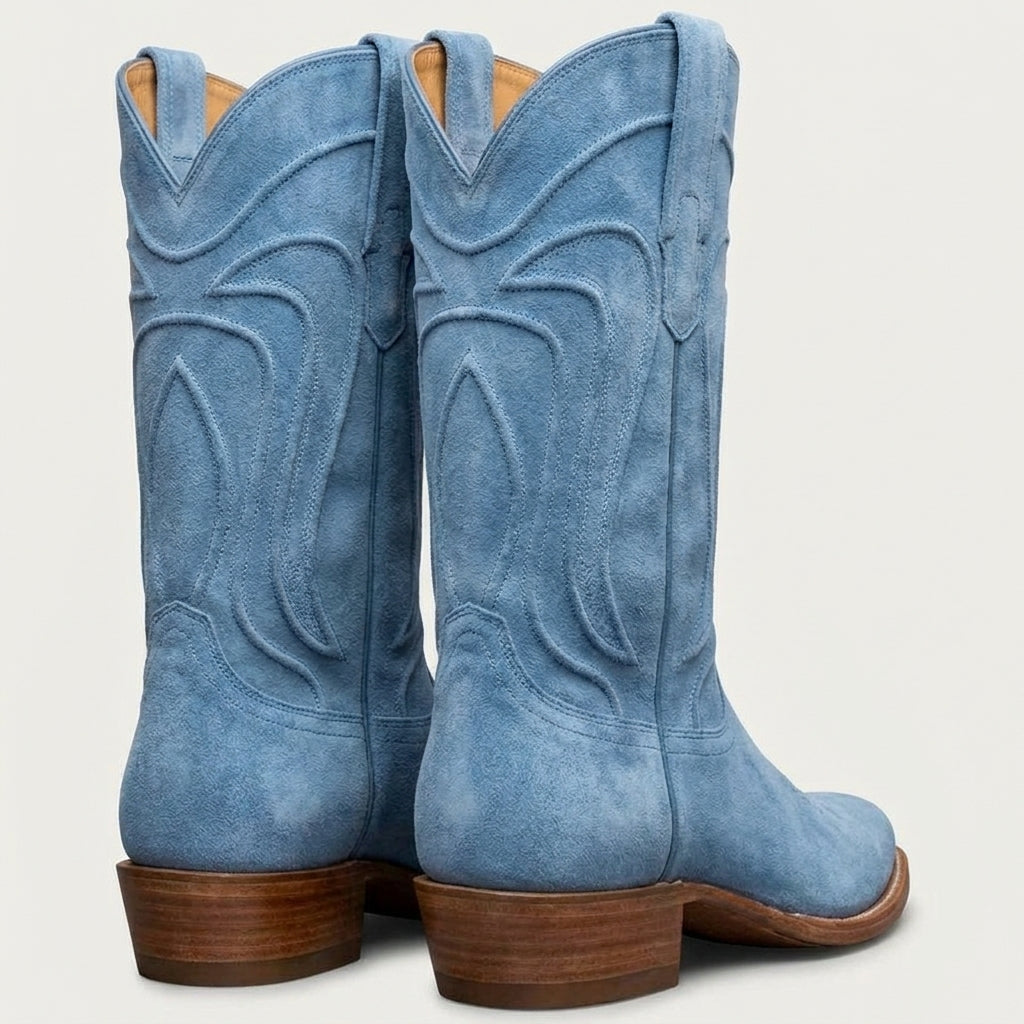 Blue Suede Leather Renovaux Slip On Zipper Western Cowboy Boots - AW24