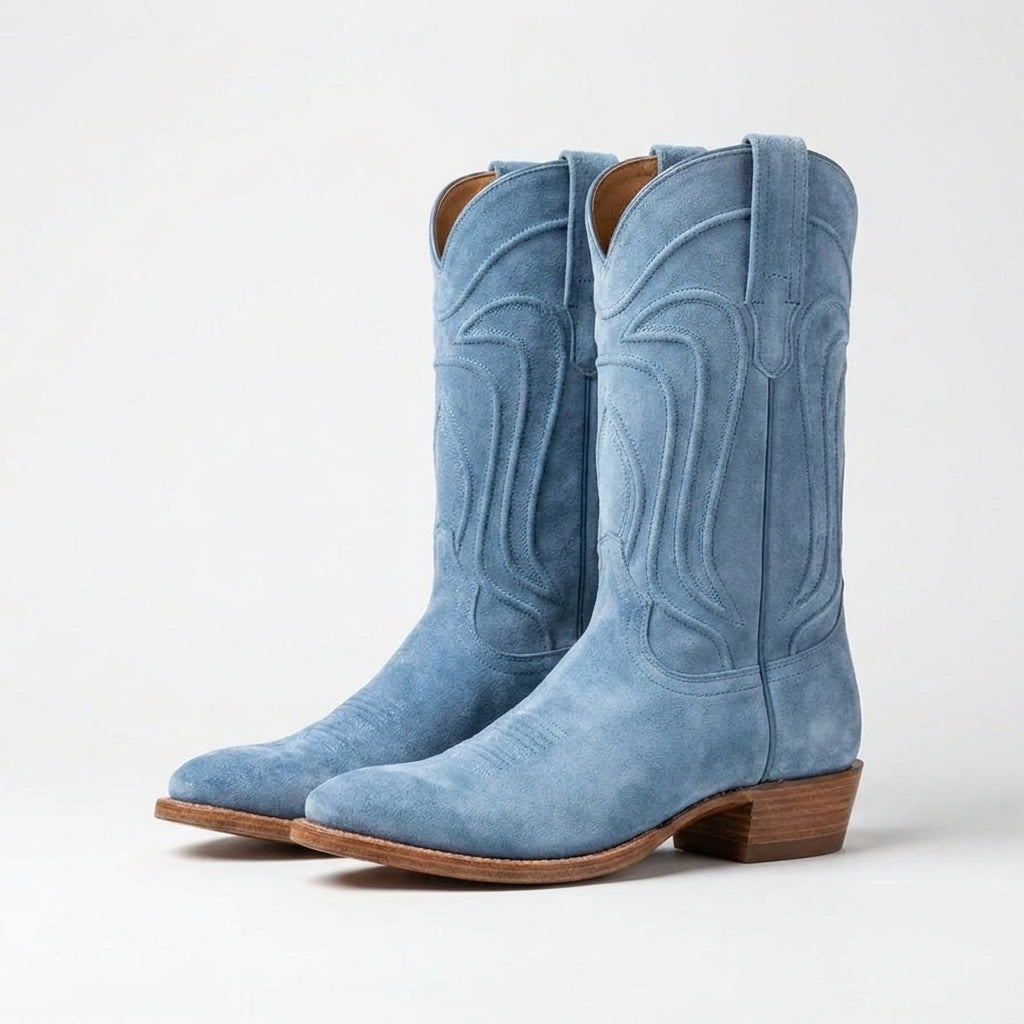 Blue Suede Leather Renovaux Slip On Zipper Western Cowboy Boots - AW24