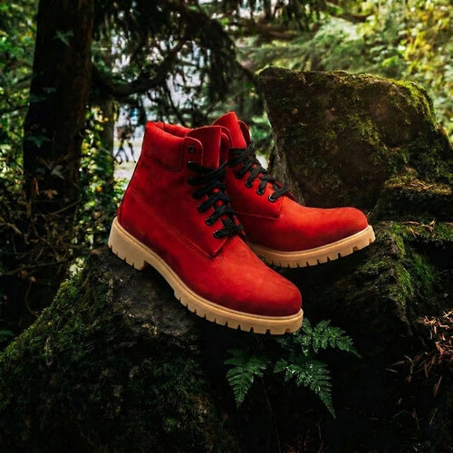 Red Nubuck Leather Selvaggio Ankle Lace Up Combat Hiking Boots with Chunky Track Sole