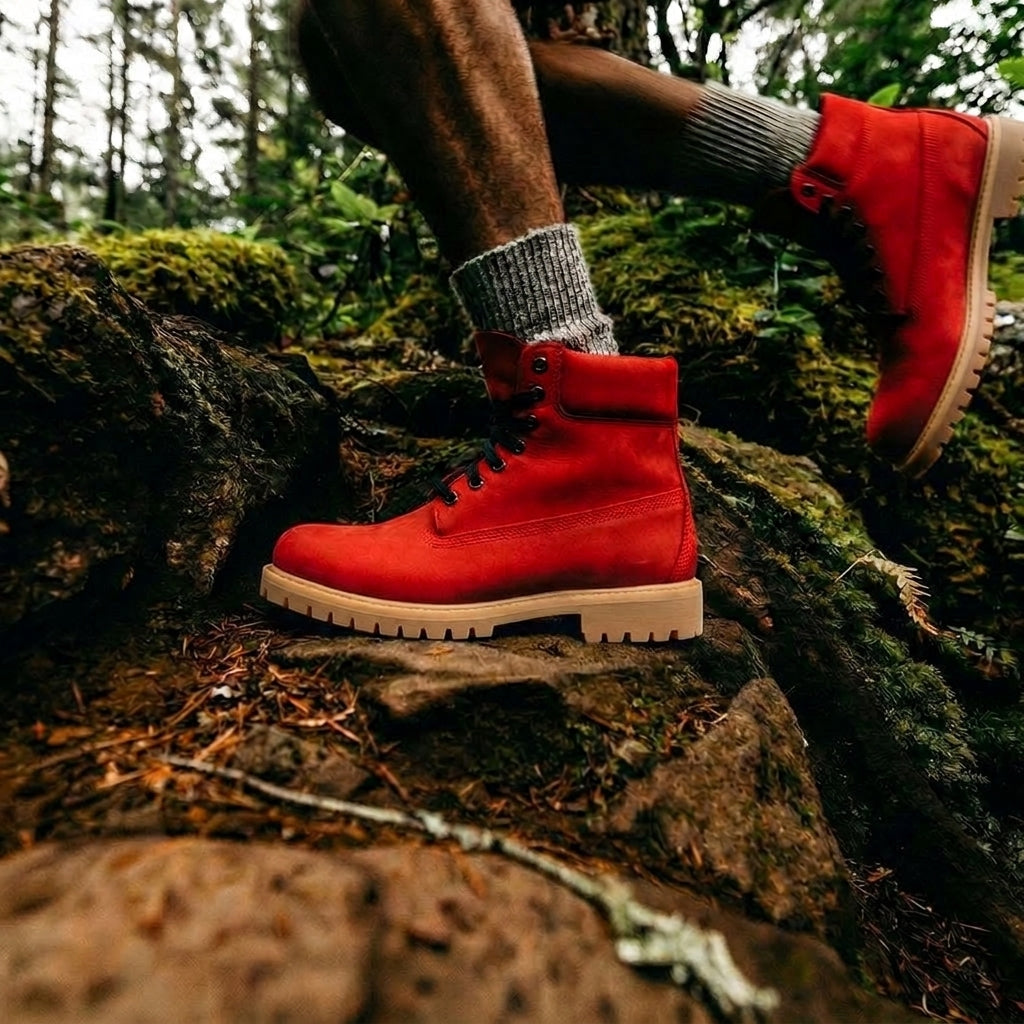 Red Nubuck Leather Selvaggio Ankle Lace Up Combat Hiking Boots with Chunky Track Sole
