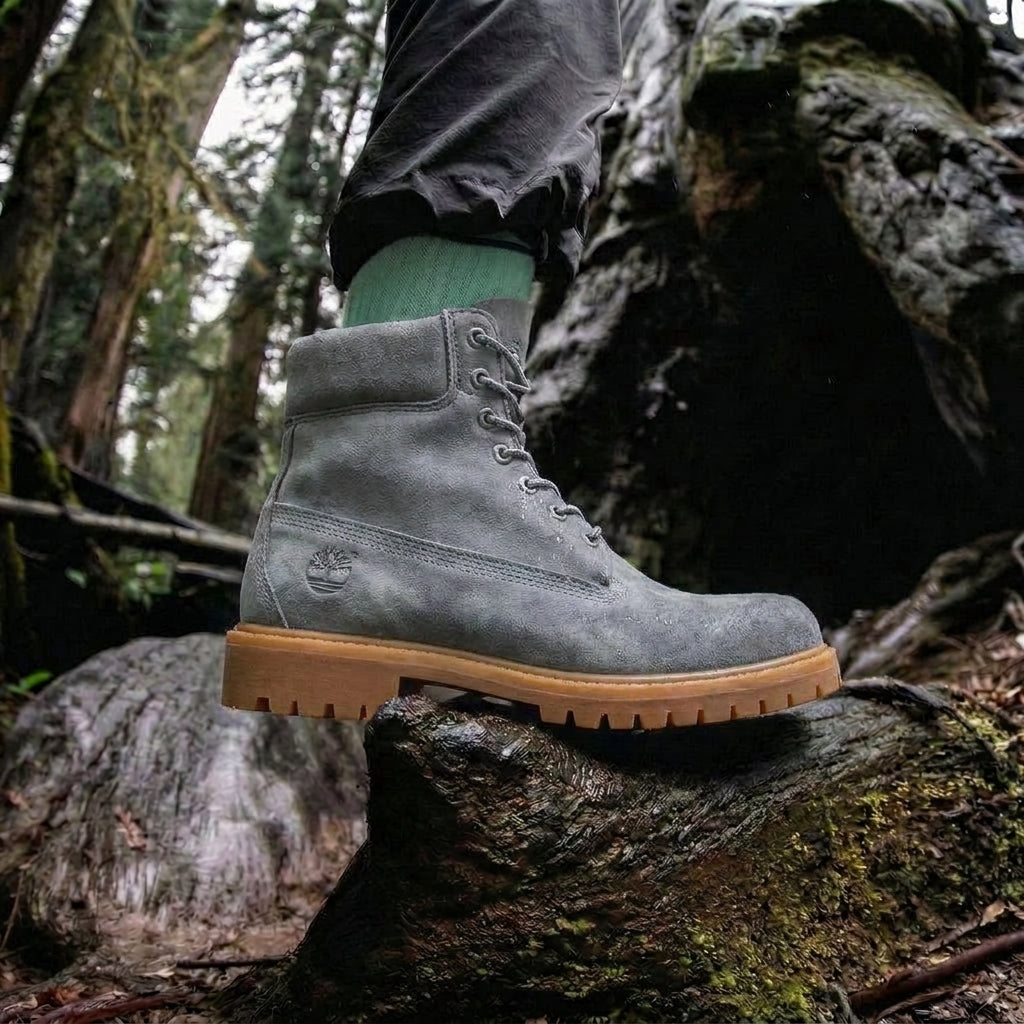 Grey Nubuck Leather Selvaggio Ankle Lace Up Combat Hiking Boots with Chunky Track Sole