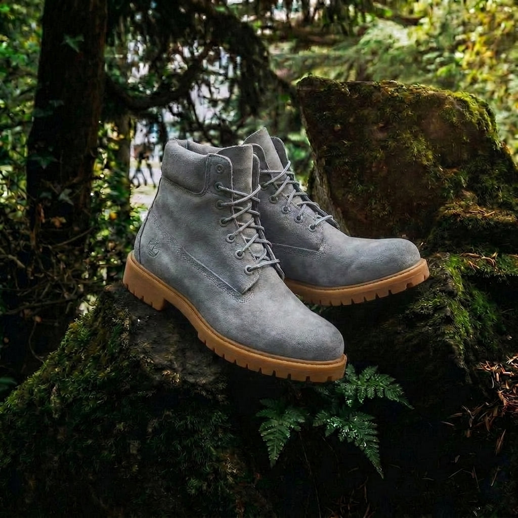 Grey Nubuck Leather Selvaggio Ankle Lace Up Combat Hiking Boots with Chunky Track Sole