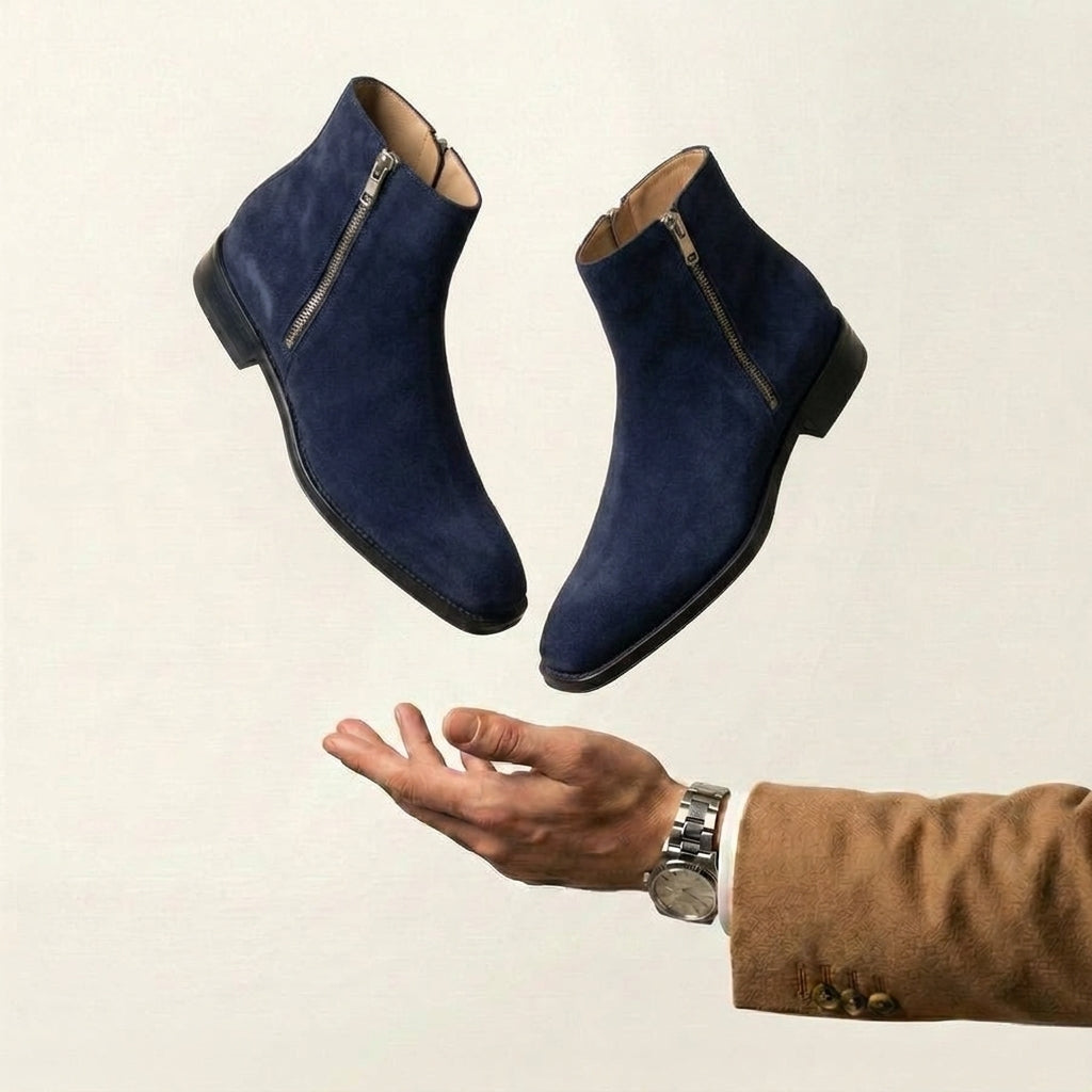 Navy Blue Suede Lucente Zipper Boots
