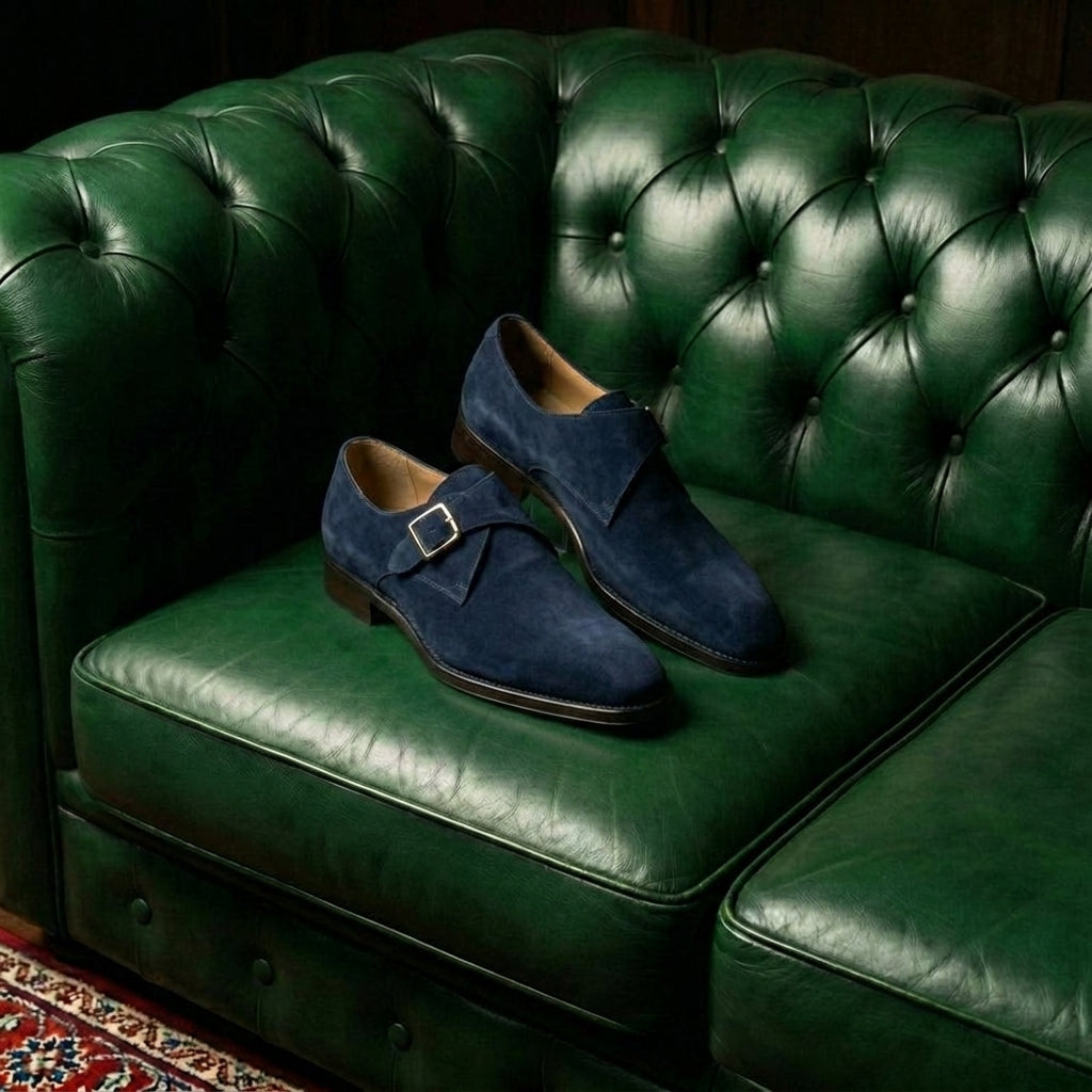 Navy Blue Suede Lucente Single Monk Strap Shoes