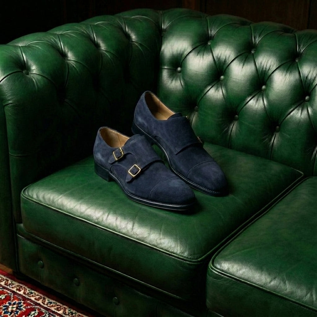 Navy Blue Suede Lucente Double Monk Strap Shoe