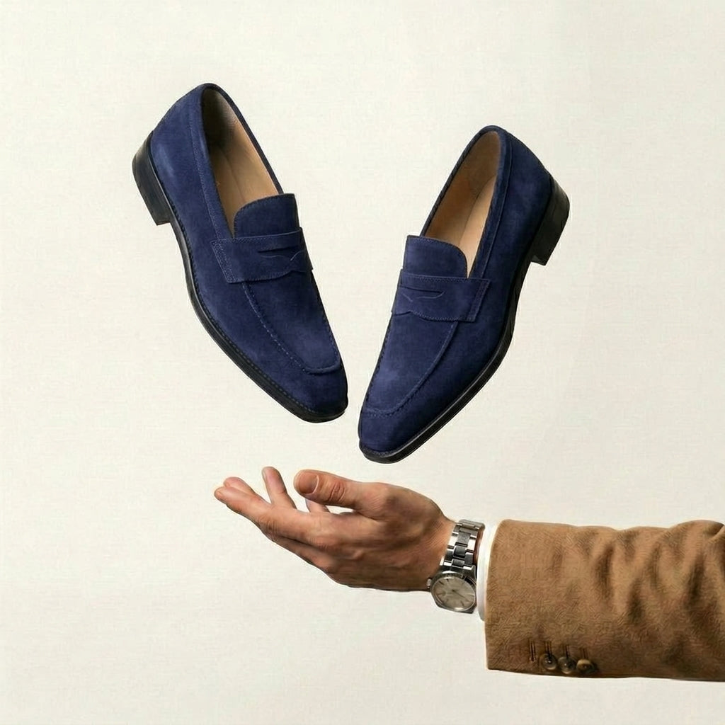 Navy Blue Suede Lucente Penny Loafer Shoes
