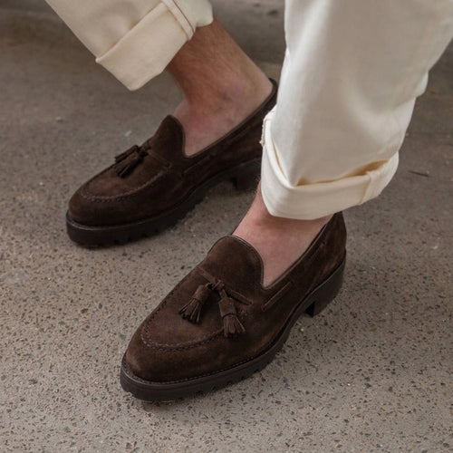 Luxury Edition - Artisian Made Brown Suede Leather Belize Chunky Tassel Loafers - With Track Soles