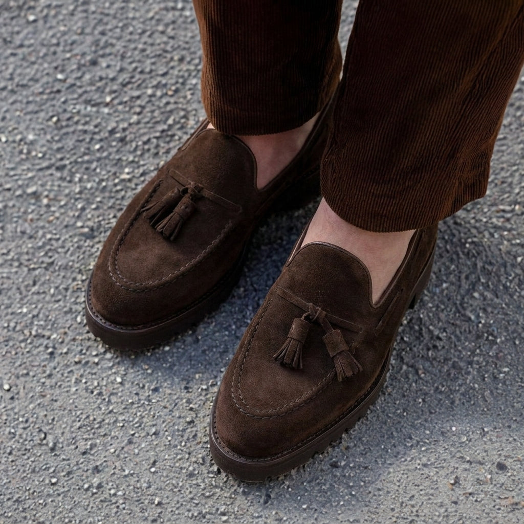 Luxury Edition - Artisian Made Brown Suede Leather Belize Chunky Tassel Loafers - With Track Soles