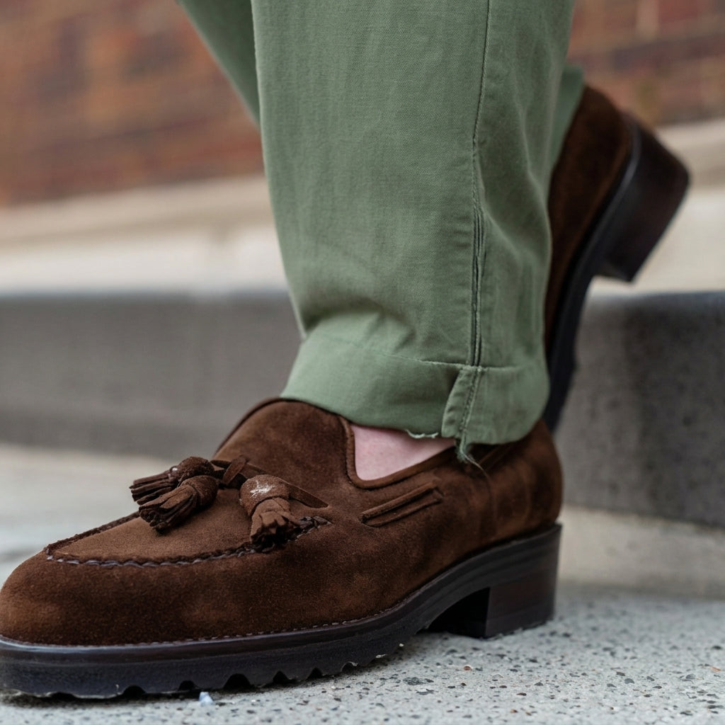 Luxury Edition - Artisian Made Brown Suede Leather Belize Chunky Tassel Loafers - With Track Soles