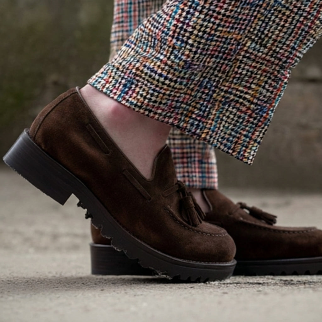 Luxury Edition - Artisian Made Brown Suede Leather Belize Chunky Tassel Loafers - With Track Soles