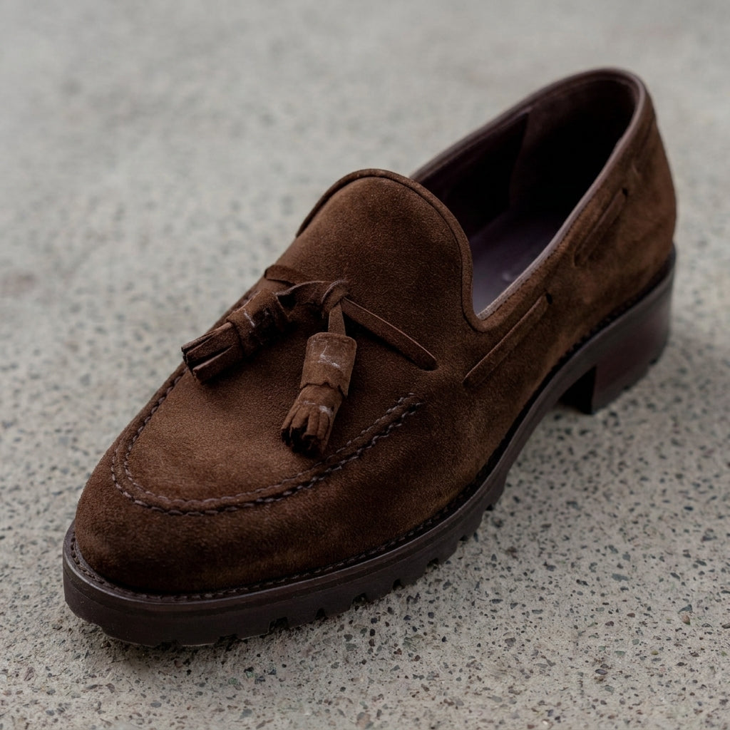 Luxury Edition - Artisian Made Brown Suede Leather Belize Chunky Tassel Loafers - With Track Soles