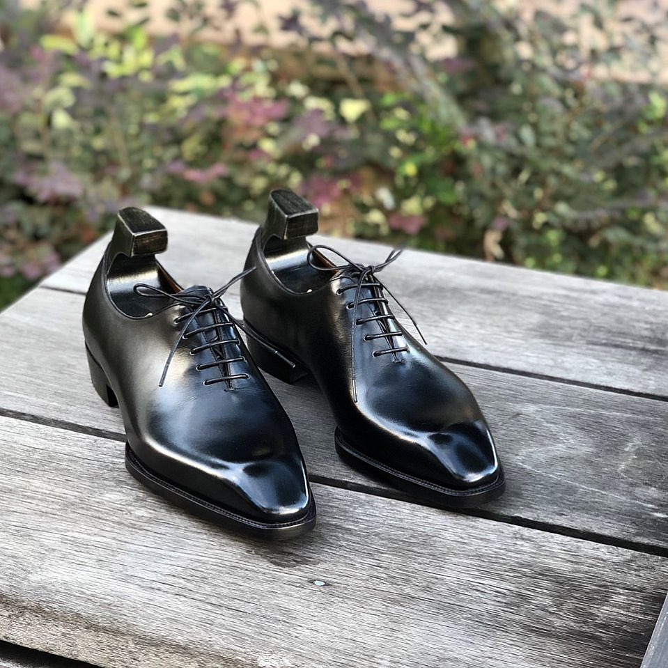 Black Leather Pamira Whole Cut Oxfords