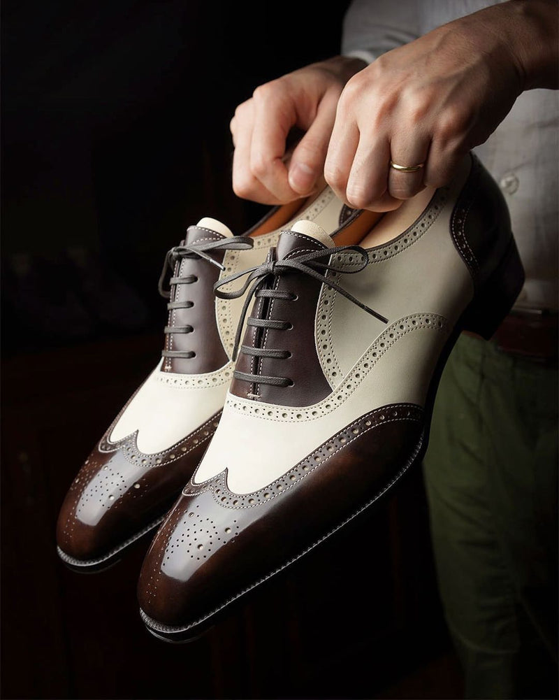 Brown and White Leather Evadne Brogue Wingtip Spectator Oxfords