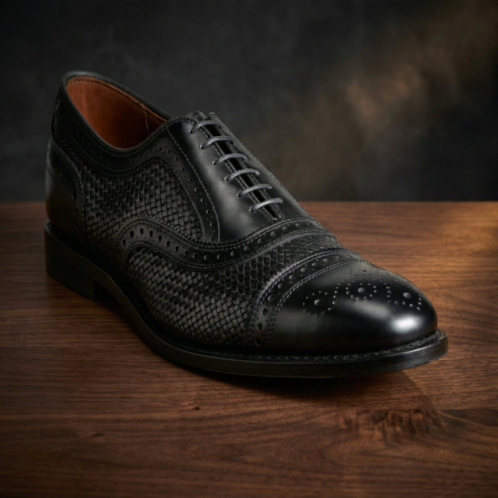 Height Increasing Black Braided Leather Morice Brogue Oxfords