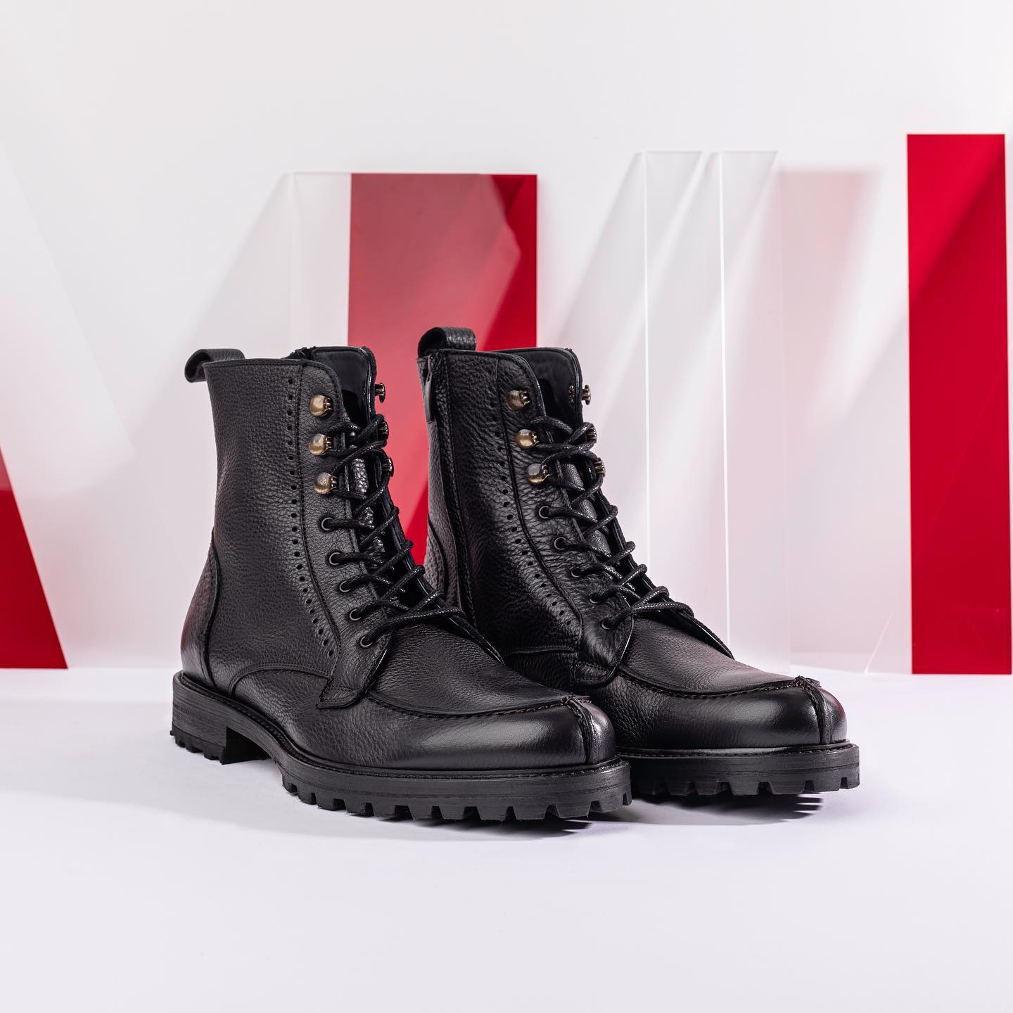 Black Leather Iliara Lace Up Chunky Derby Toe Cap Boots with Zipper and Track Sole
