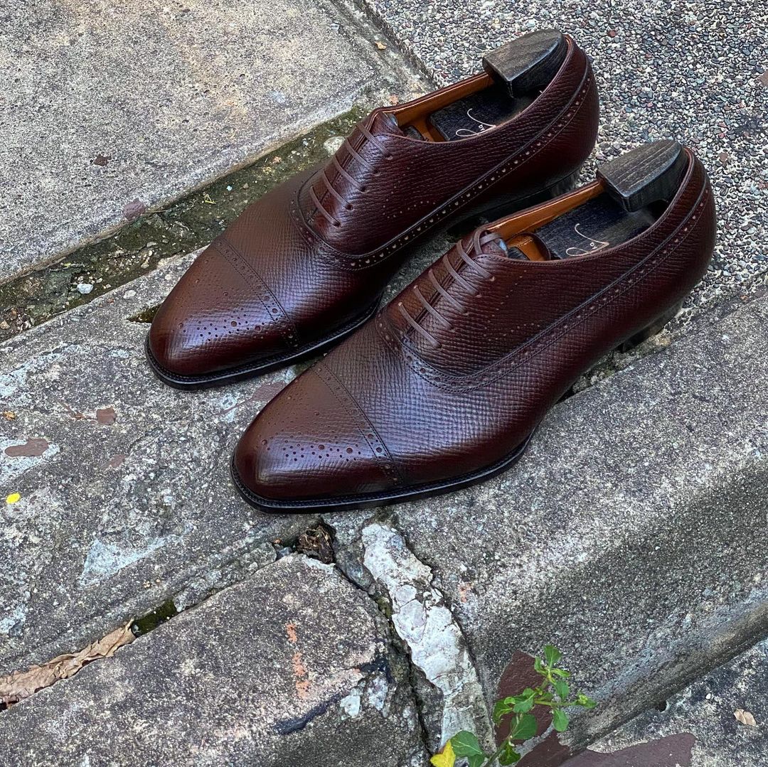Brown Milled Grain Leather Treviso Brogue Toe Cap Oxford Shoes