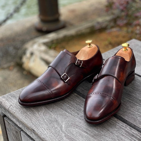 Brown Patina Leather Renalda Brogue Toe Cap Double Monk Straps - AW24