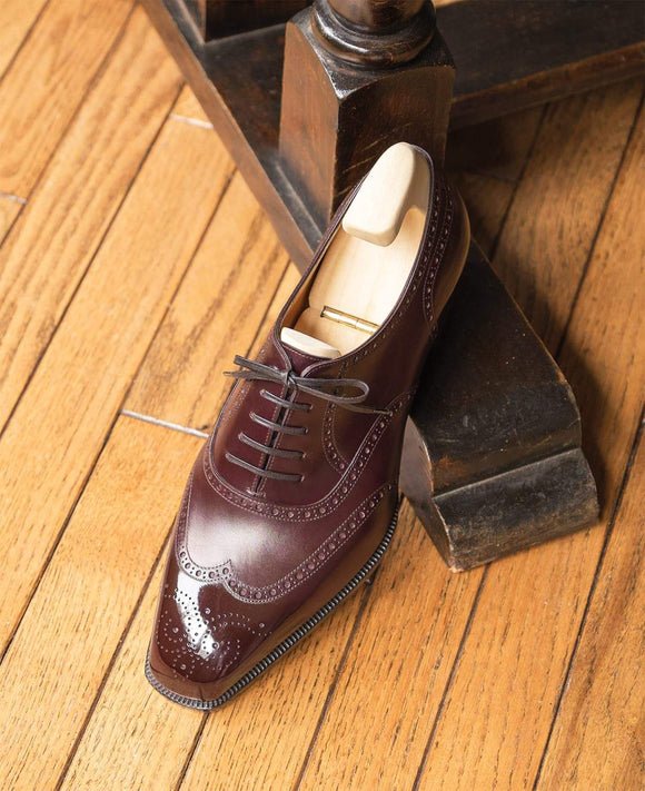 Burgundy Brown Leather Kingston Brogue Wingtip Oxfords - Formal Shoes - SS23