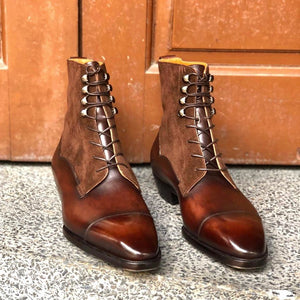 Tan Leather and Suede Bamria Brogue Lace Up Boots