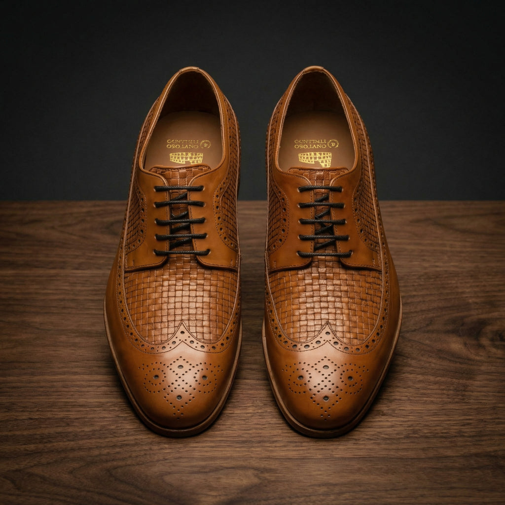 Height Increasing Tan Braided Leather Norwood Brogue Derby Shoes