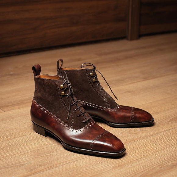 Brown Leather and Suede Orvieto Lace Up Brogue Oxford Boots 