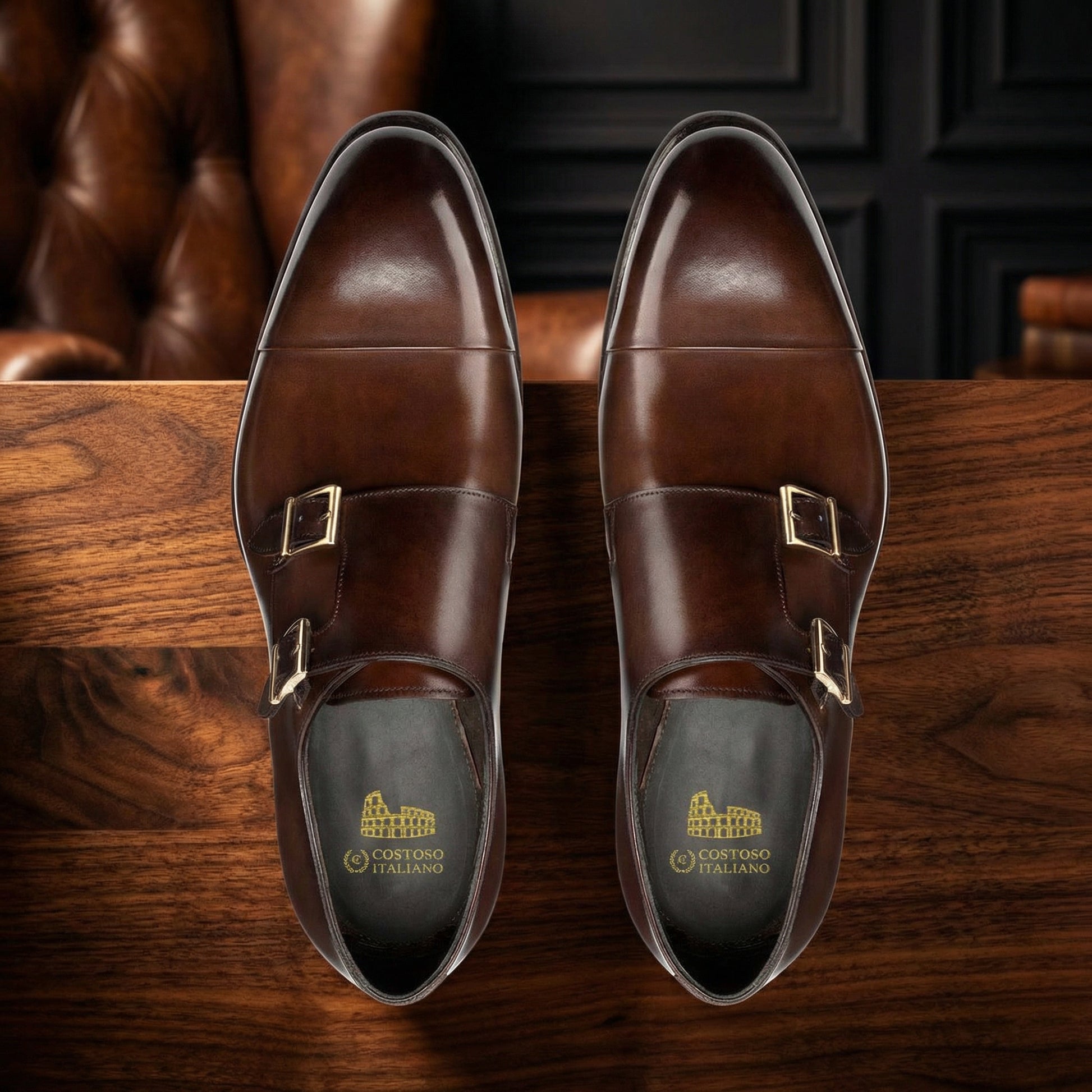 Height Increasing Brown Leather Castle Monk Straps