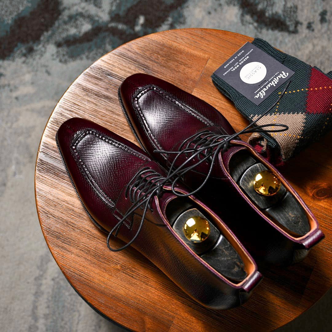 Burgundy Brown Milled Grain Leather Tropea Lace Up Derby Boots 