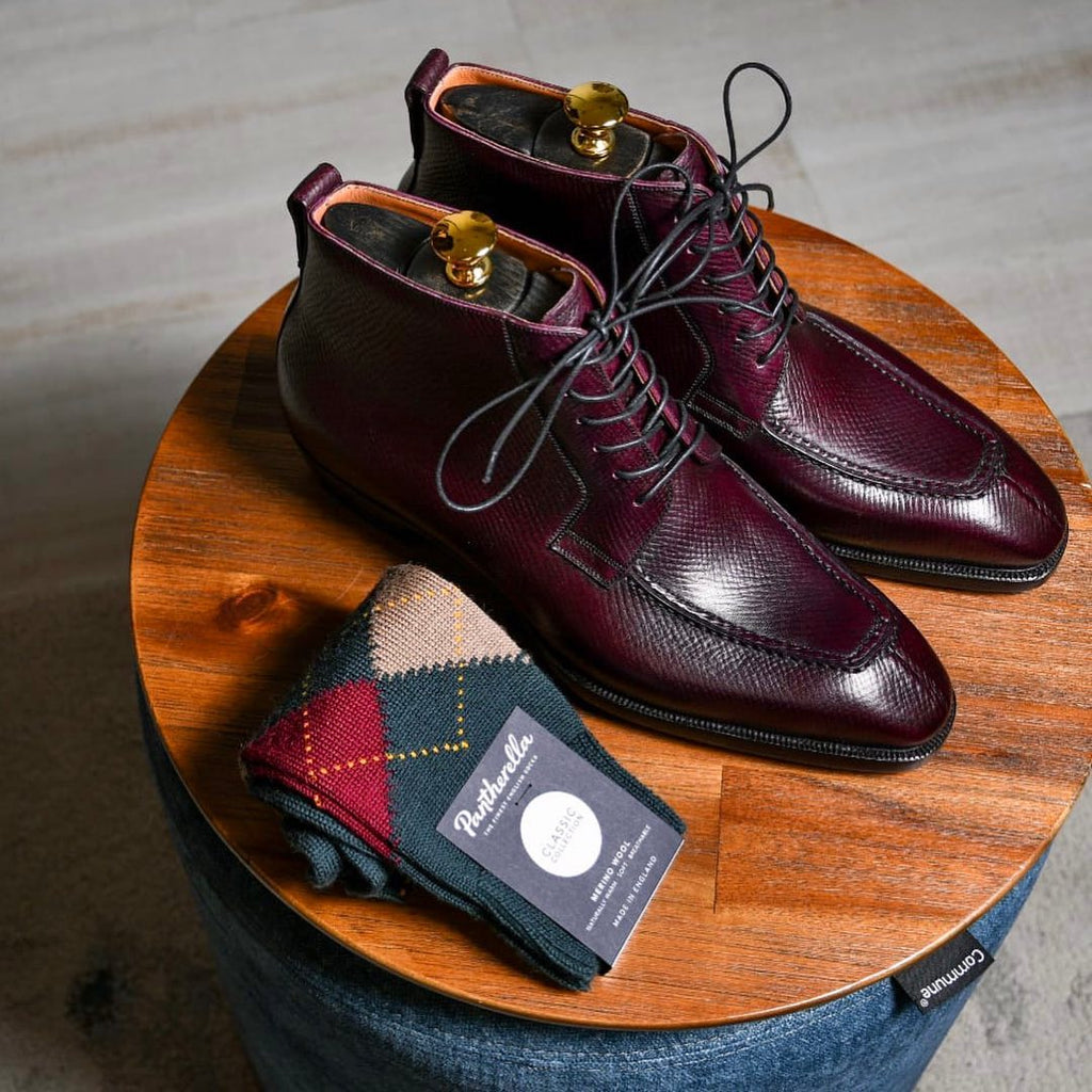 Burgundy Brown Milled Grain Leather Tropea Lace Up Derby Boots 