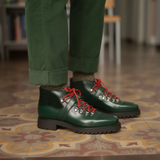 Green Leather Devine Chunky Hiking Combat  Lace Up Boots