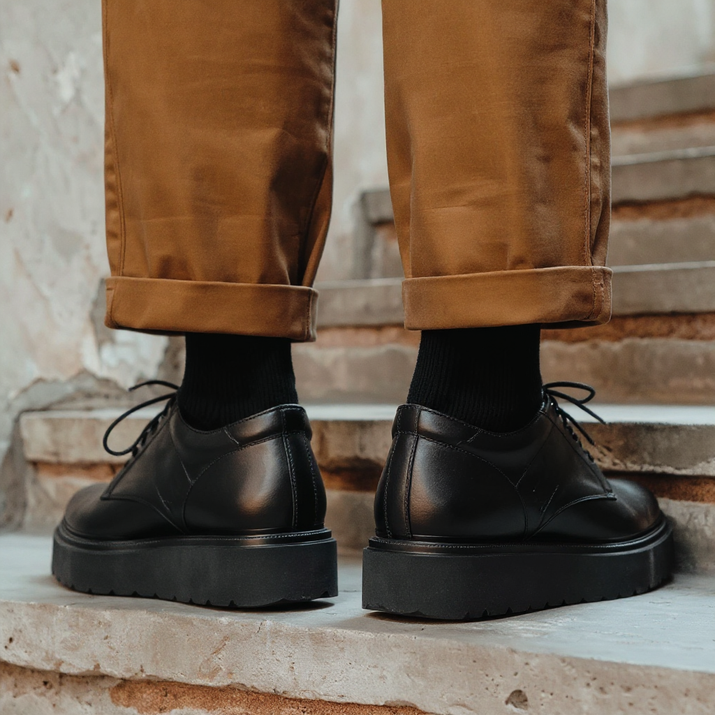 Black Leather Cangrande With Thick Sole Derby Shoe: The Royale Collection