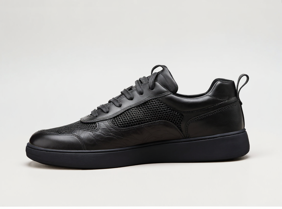 Black Leather Newsara Lace Up Running Sneaker Shoes With Black Sole - Summer 2024 Collection