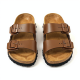 Brown Leather Ease Comfort Slippers with Buckle - Summer 2024 Collection