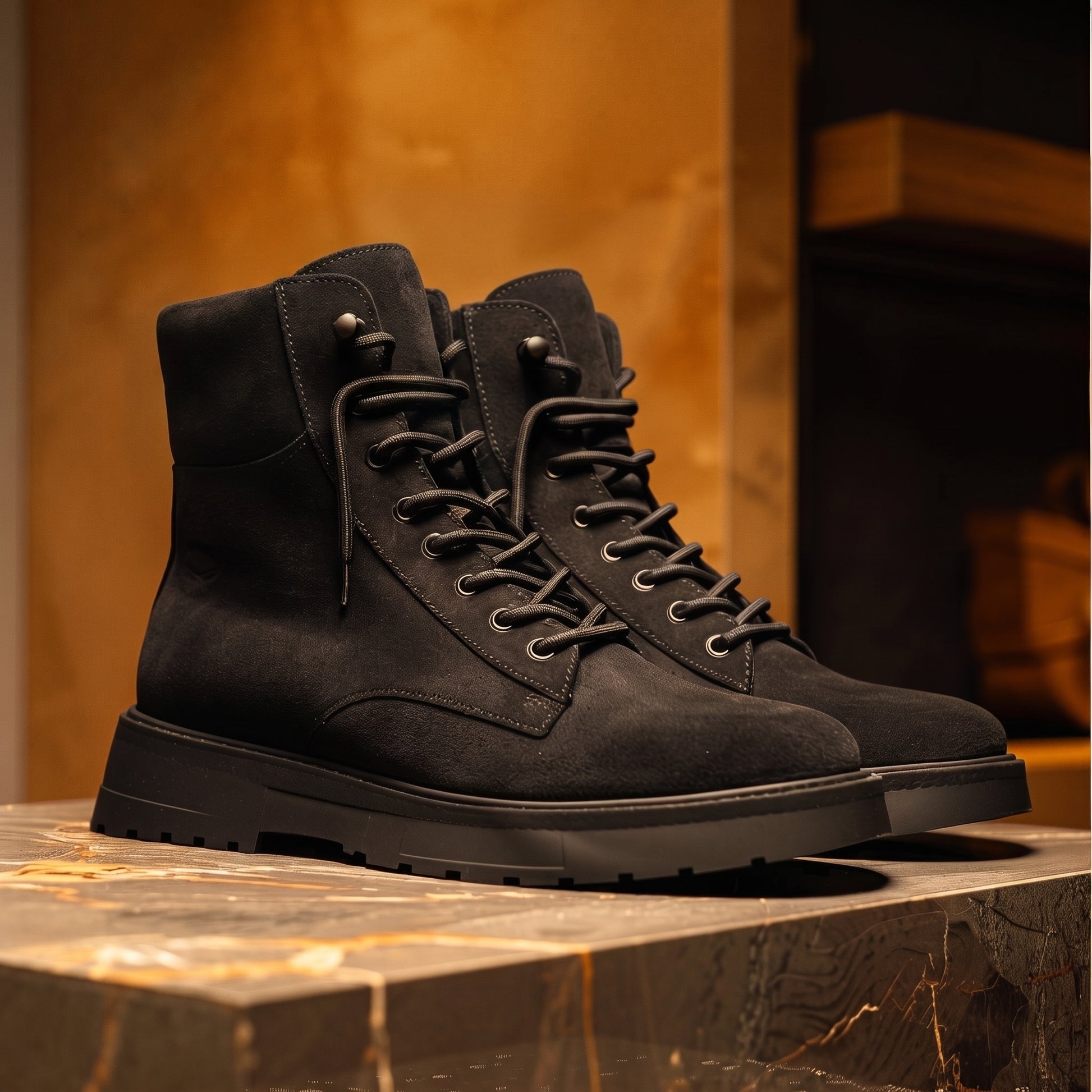 Extra Wide Shoes (2E,4E,6E) Black Suede Leather Elvio Combat Boot