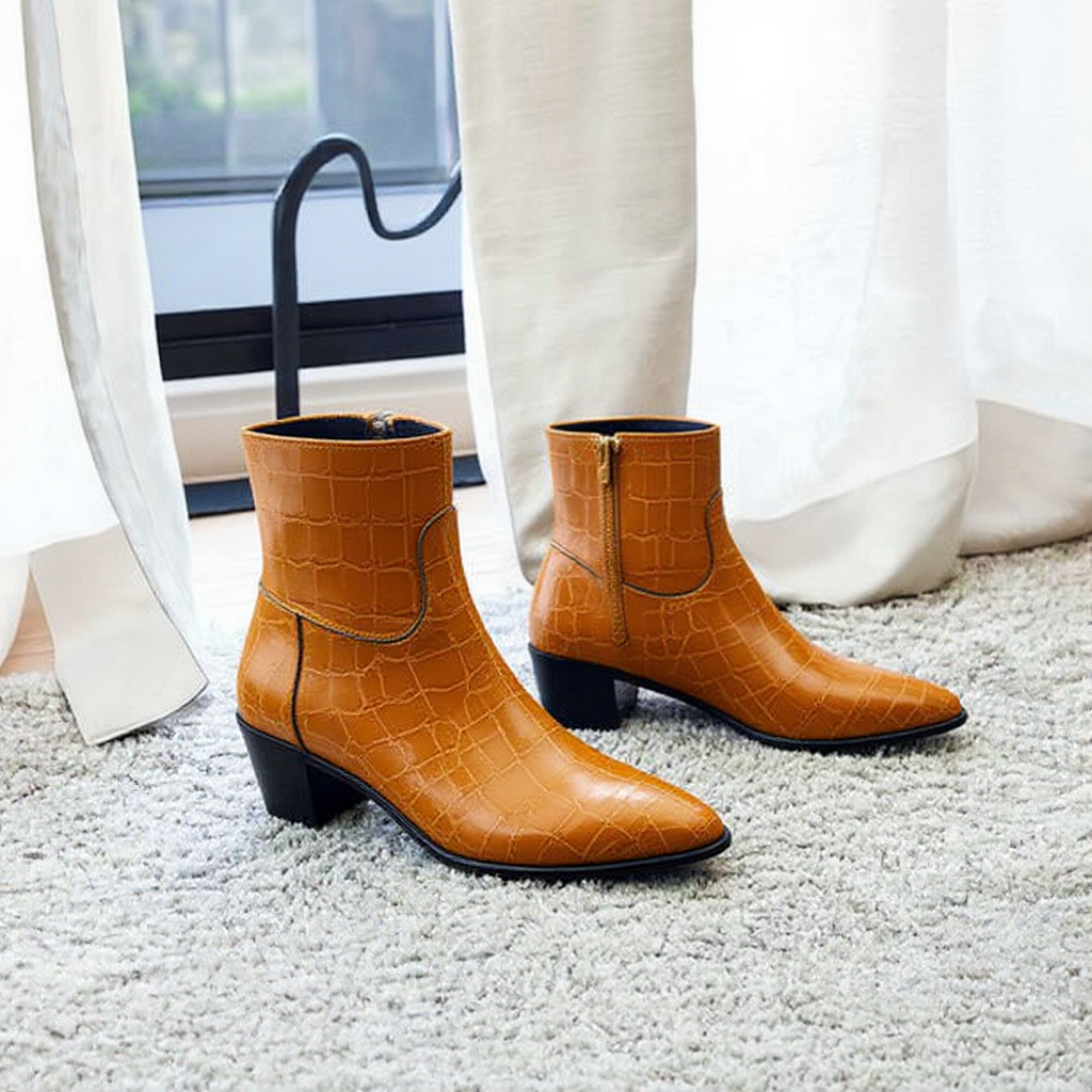 Tan Croc Print Leather Fiorina Slip On Zipper Pointed Boots for Men - AW24