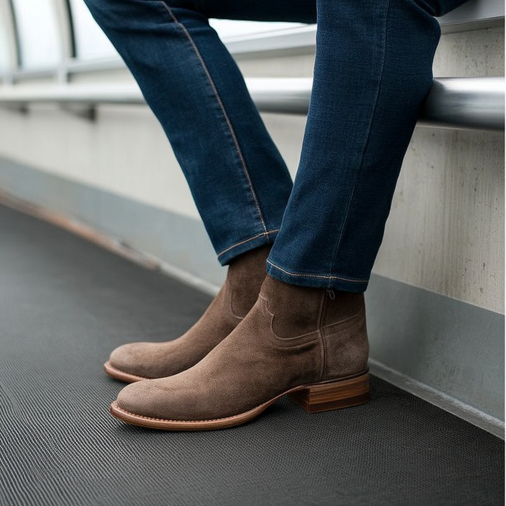 Beige Suede Bastrop Slip On Zipper Western Cowboy Boots - AW24 - ITALIAN AW26