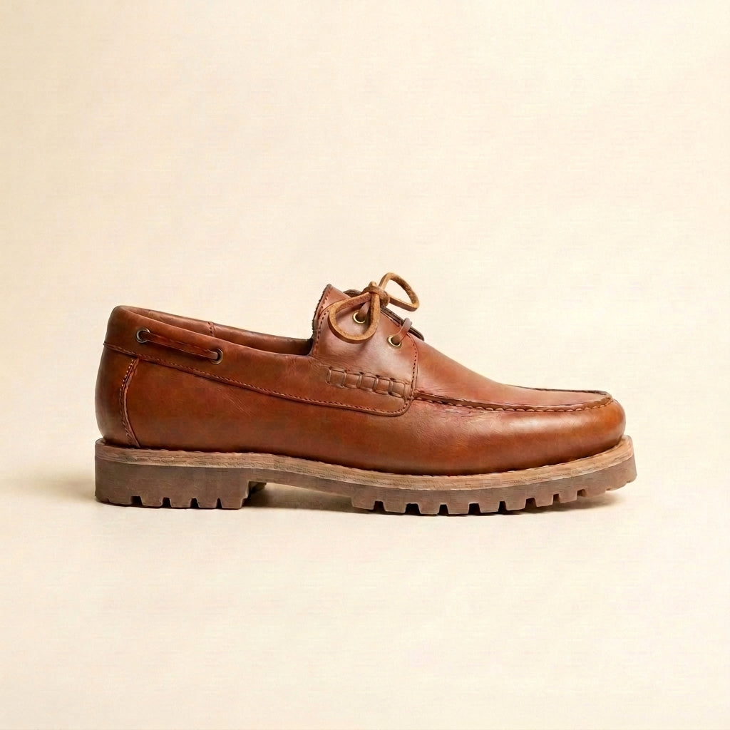 Brown Marcello boat shoe with honey sole, side profile