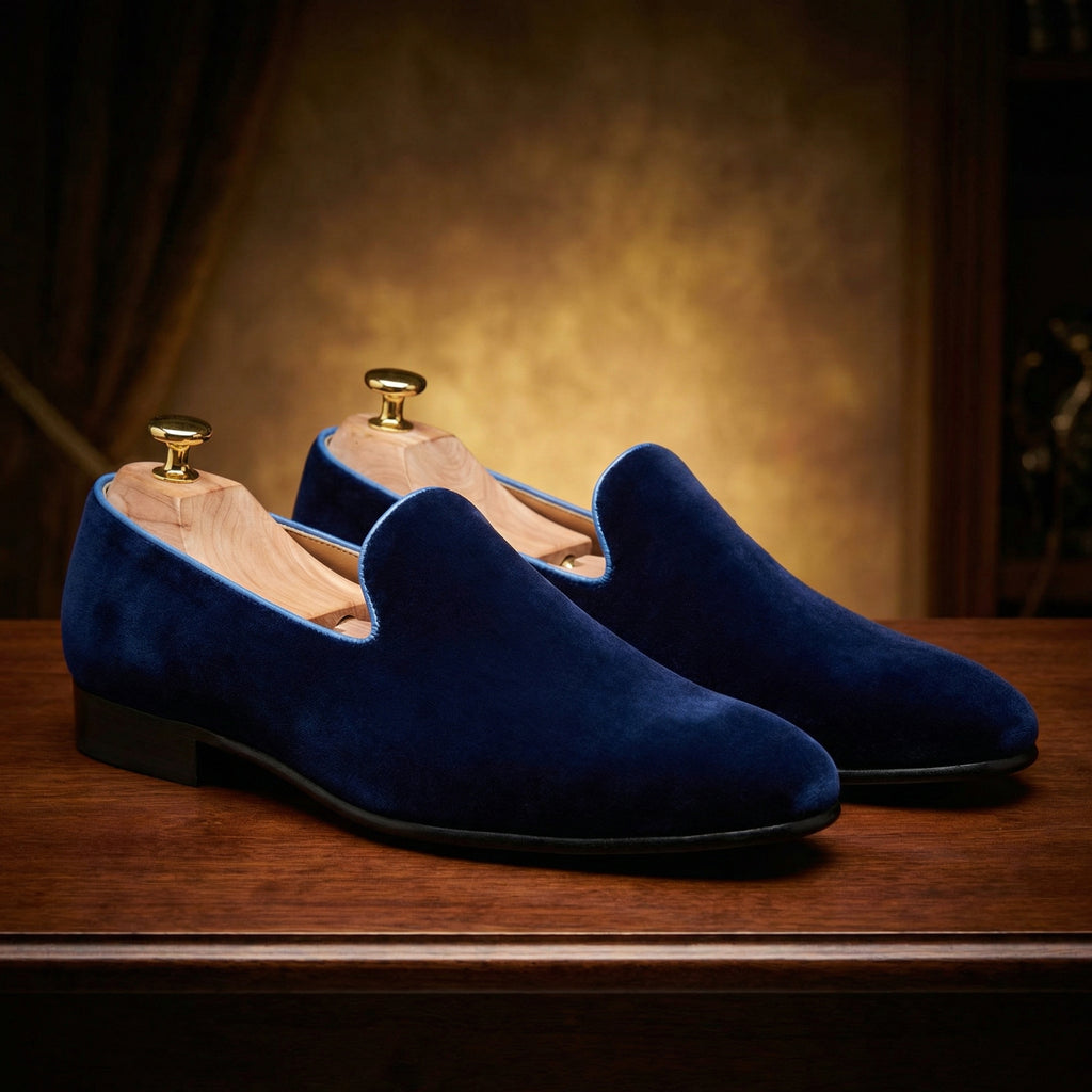 Blue Velvet Dragons Embroidered Loafers
