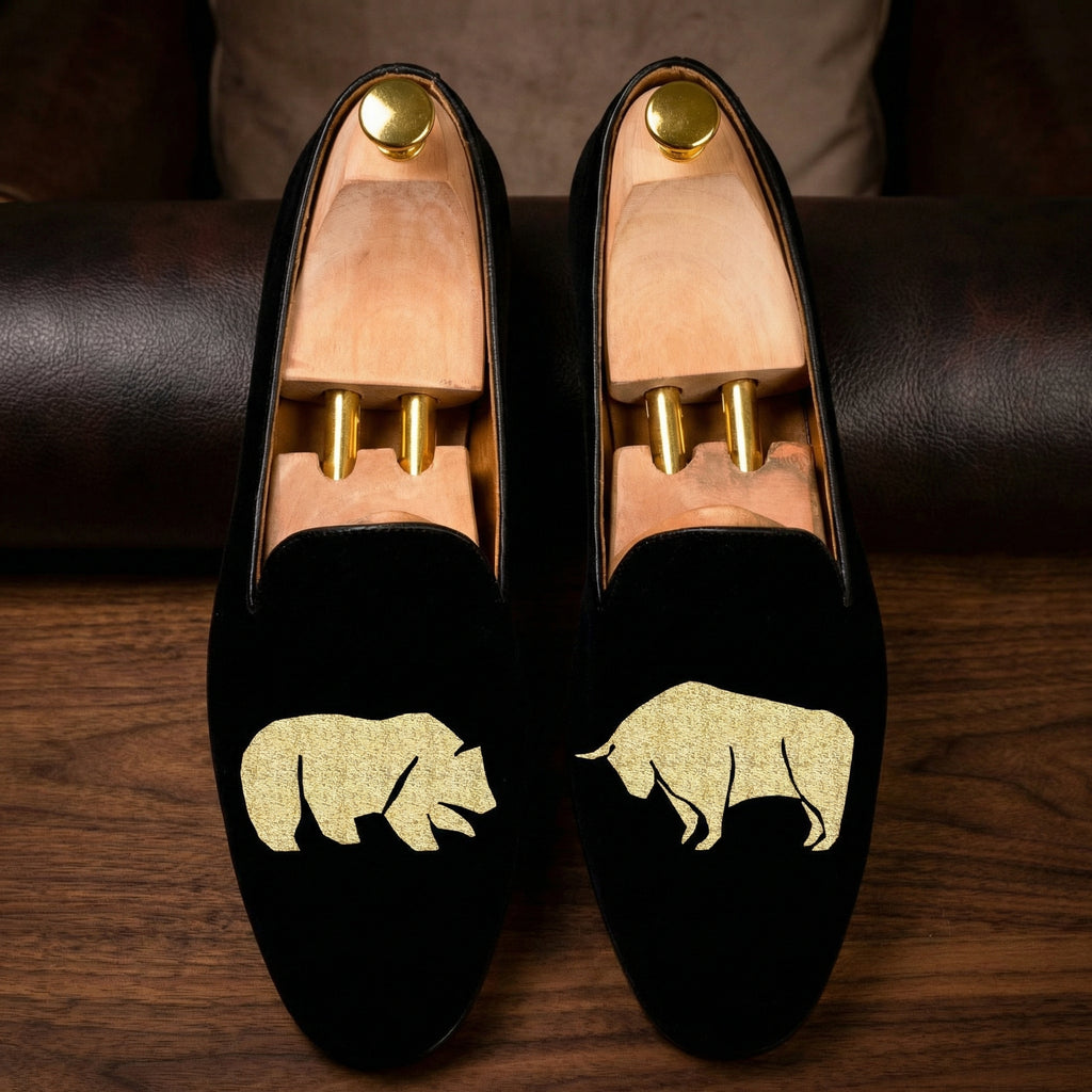 Blue Velvet Bear v/s Bull Embroidered Loafers