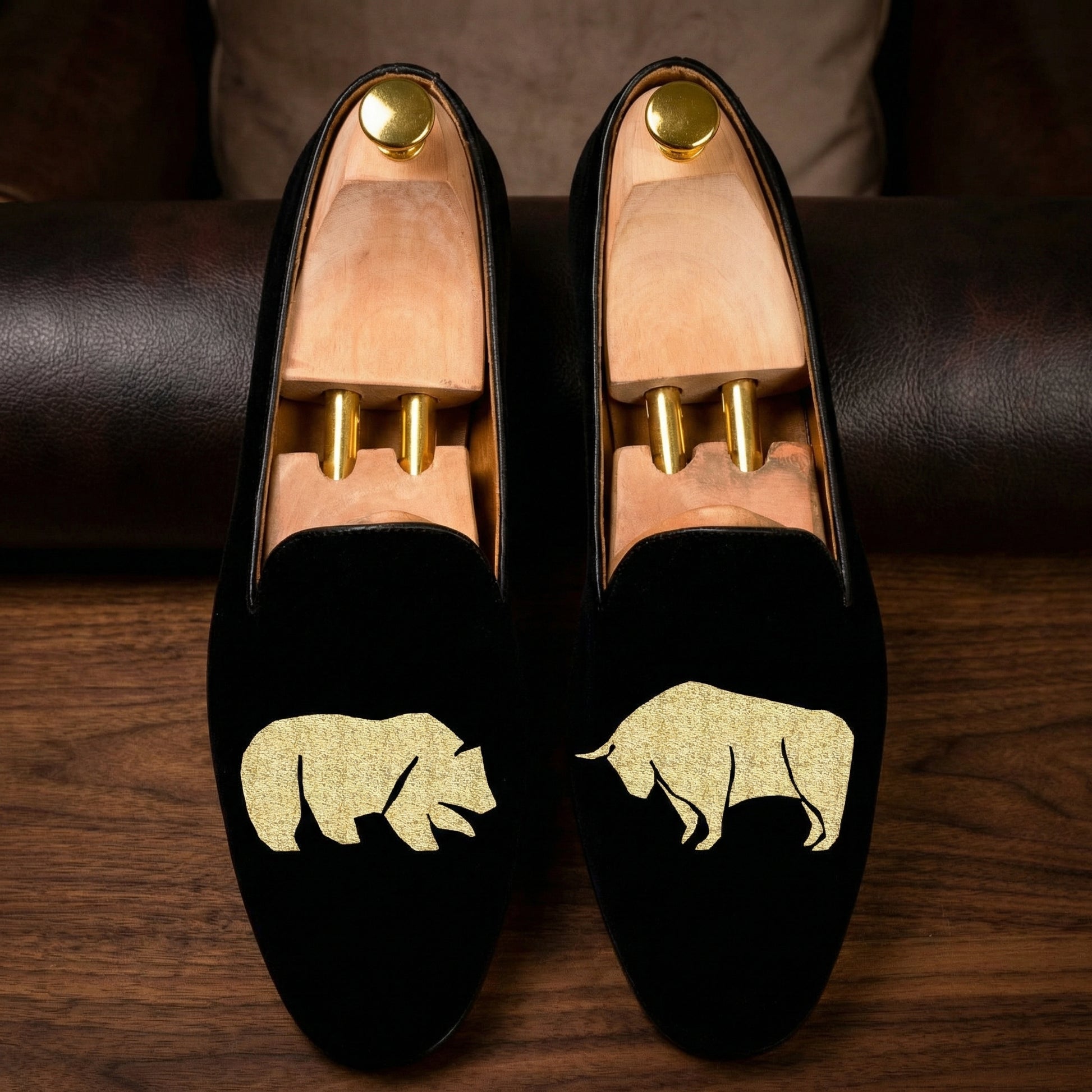 Blue Velvet Bear v/s Bull Embroidered Loafers