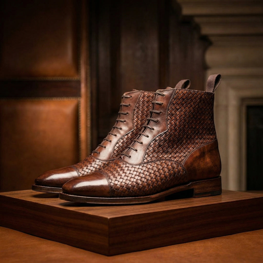 Brown Braided Leather Efford Lace Up Boots