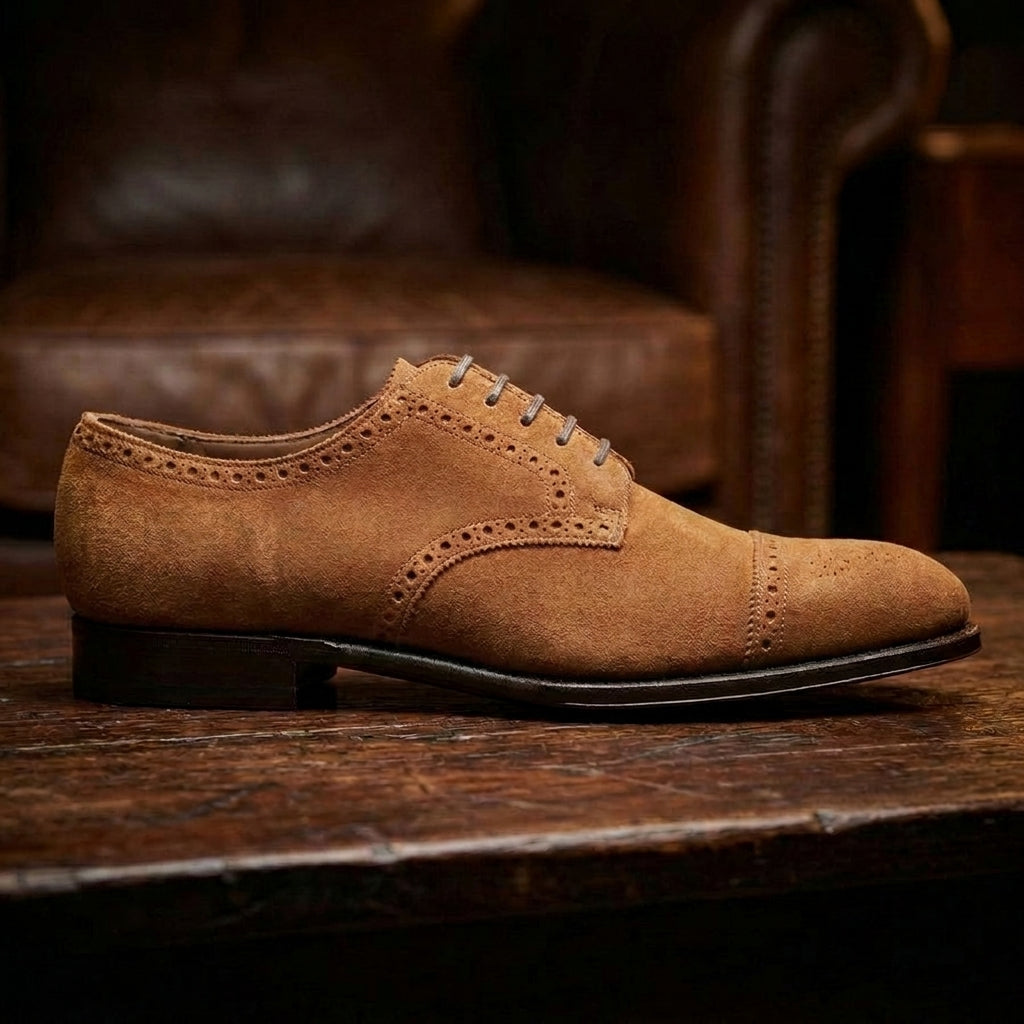 Tan Suede Friars Brogue Derby Shoes
