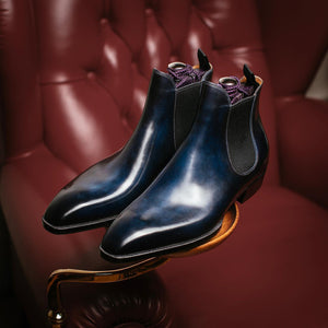 Navy Blue Leather Elvas Slip On Chelsea Boots