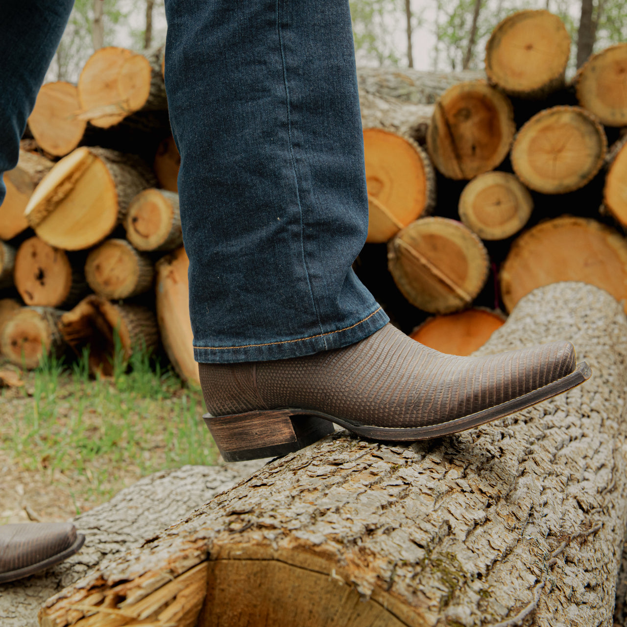 Brown Reptile Print Leather Beewin Slip On Western Cowboy Boots
