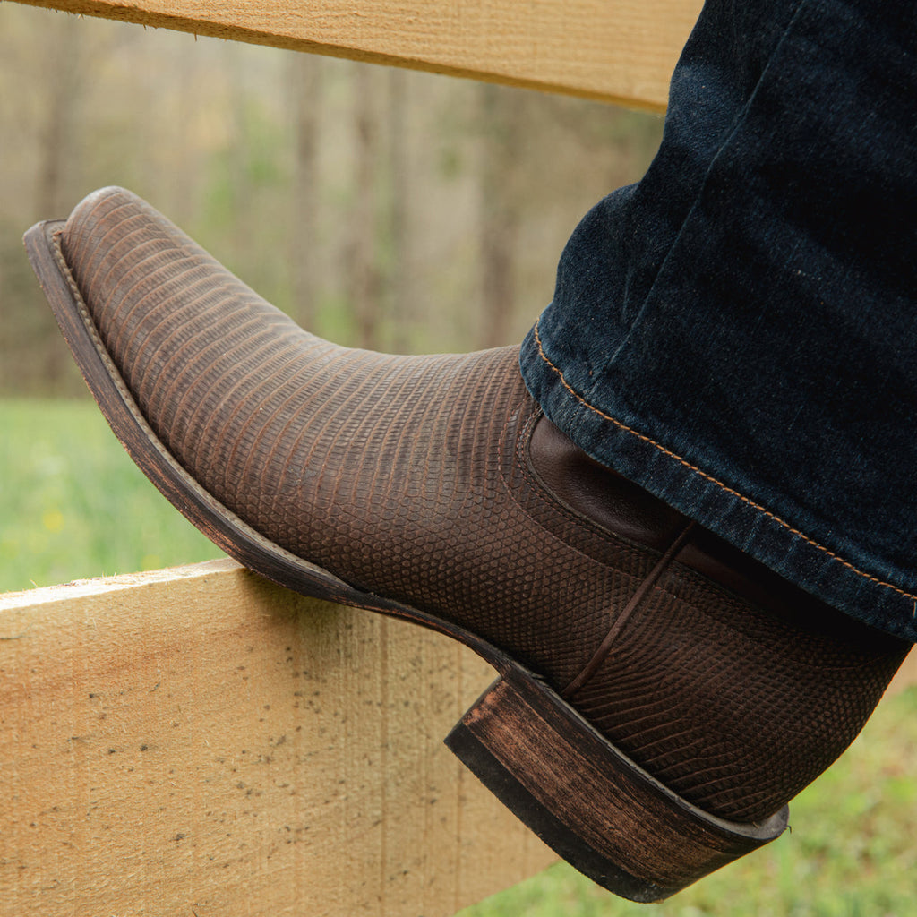 Brown Reptile Print Leather Beewin Slip On Western Cowboy Boots